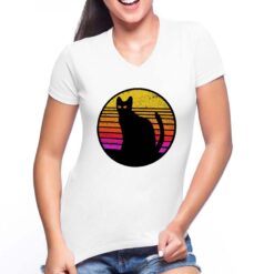 Cat Silhouette attesa t-shirt scollo a v personalizzata donna digitalshirt bianca