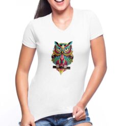 Gufo Colorato t-shirt scollo a v personalizzata donna digitalshirt bianca