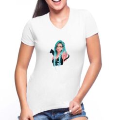 Ragazza Gatto t-shirt scollo a v personalizzata donna digitalshirt bianca