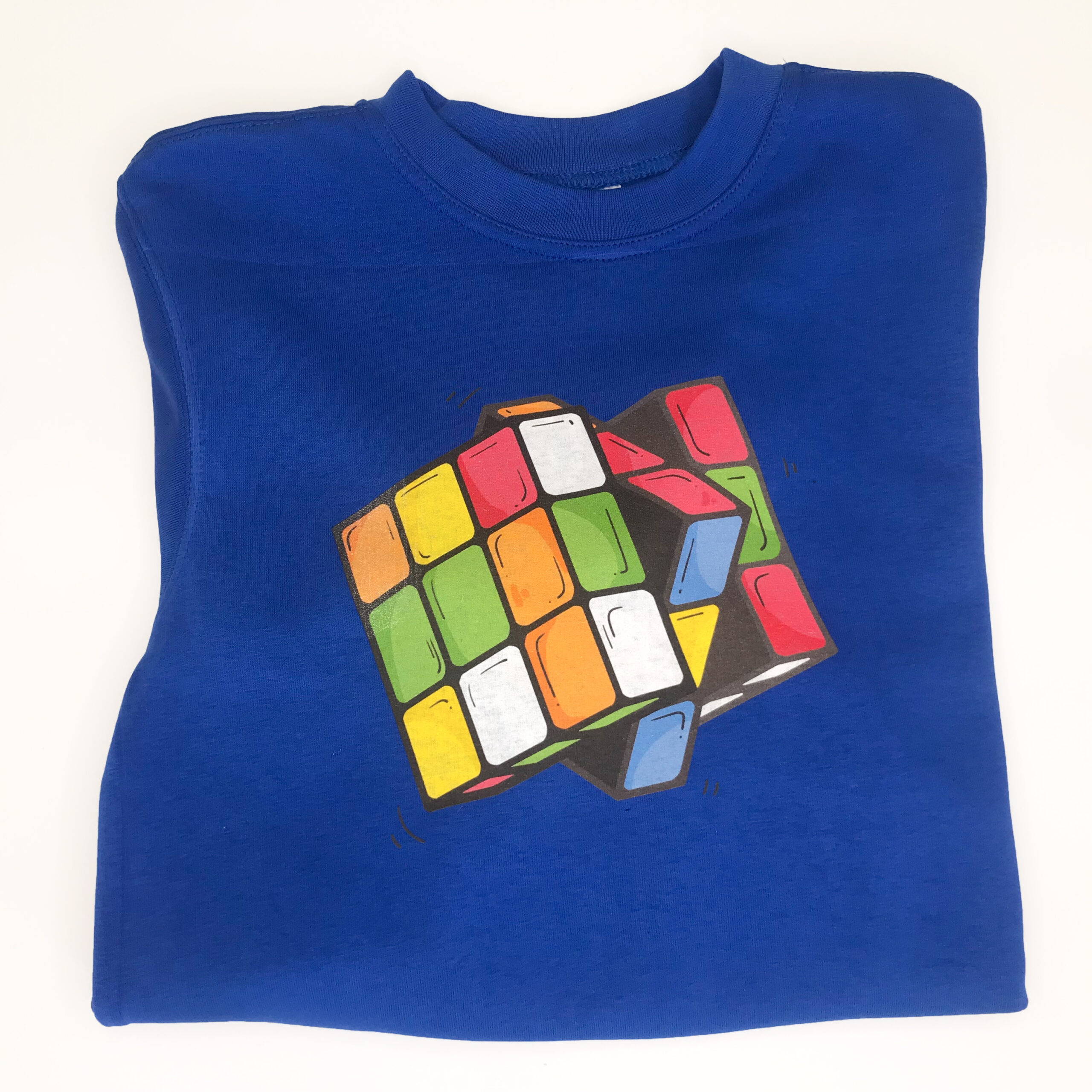 stampa cubo di rubik su felpa blu