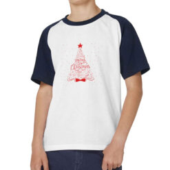Maglietta baseball da bambino con maniche colore Blue Navy stampata in digitale con grafica Albero rosso Natale da Digitalshirt
