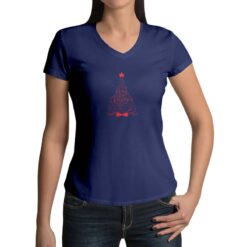 Maglietta scollo a V da donna colore Blue Navy stampata in digitale con grafica Albero rosso Natale da Digitalshirt
