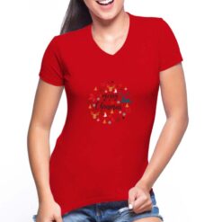 Maglietta scollo a V da donna colore Rosso stampata in digitale con grafica Natale cerchio da Digitalshirt