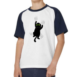 Maglietta baseball da bambino con maniche colore Blue Navy stampata in digitale con grafica Gatto nero da Digitalshirt