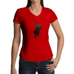 Maglietta scollo a V da donna colore Rosso stampata in digitale con grafica Gatto nero da Digitalshirt
