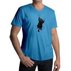 Maglietta scollo a V da uomo con maniche colore Ocean Blue stampata in digitale con grafica Gatto nero da Digitalshirt
